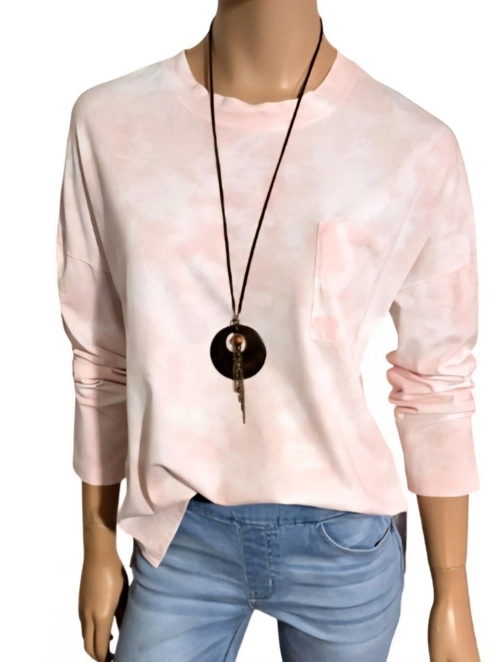 Time & Tru Relaxed Fit Top Dropped Shoulder Long Sleeve Pink/White Tie Dye M/L - Picture 2 of 14